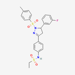 molecular formula C24H24FN3O4S2 B2487319 N-(4-(5-(3-fluorophenyl)-1-tosyl-4,5-dihydro-1H-pyrazol-3-yl)phenyl)ethanesulfonamide CAS No. 714263-28-2