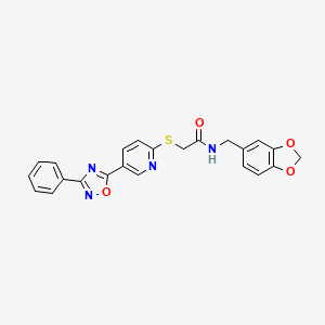 molecular formula C23H18N4O4S B2487322 N-(benzo[d][1,3]dioxol-5-ylmethyl)-2-((5-(3-phenyl-1,2,4-oxadiazol-5-yl)pyridin-2-yl)thio)acetamide CAS No. 1251695-37-0