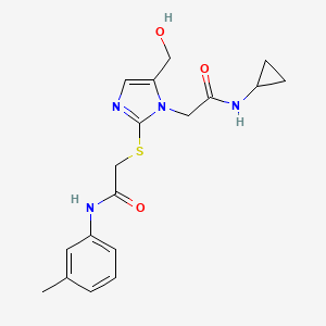 molecular formula C18H22N4O3S B2487335 N-环丙基-2-(5-(羟甲基)-2-((2-氧代-2-(间甲苯氨基)乙基)硫)-1H-咪唑-1-基)乙酰胺 CAS No. 923679-69-0