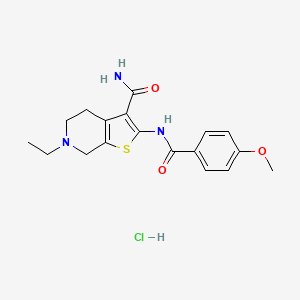 molecular formula C18H22ClN3O3S B2487397 6-Ethyl-2-(4-methoxybenzamido)-4,5,6,7-tetrahydrothieno[2,3-c]pyridine-3-carboxamide hydrochloride CAS No. 1215837-04-9