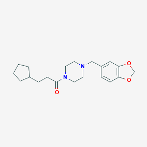 molecular formula C20H28N2O3 B248741 1-[4-(1,3-Benzodioxol-5-ylmethyl)piperazin-1-yl]-3-cyclopentylpropan-1-one 