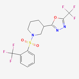 molecular formula C15H13F6N3O3S B2487424 2-(Trifluoromethyl)-5-(1-((2-(trifluoromethyl)phenyl)sulfonyl)piperidin-3-yl)-1,3,4-oxadiazole CAS No. 1396815-02-3
