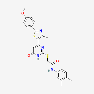 molecular formula C25H24N4O3S2 B2487511 N-(3,4-dimethylphenyl)-2-((4-(2-(4-methoxyphenyl)-4-methylthiazol-5-yl)-6-oxo-1,6-dihydropyrimidin-2-yl)thio)acetamide CAS No. 1116037-72-9