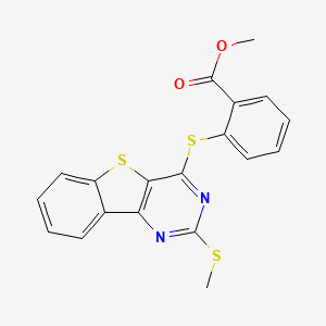 molecular formula C19H14N2O2S3 B2487553 Methyl 2-{[2-(methylsulfanyl)[1]benzothieno[3,2-d]pyrimidin-4-yl]sulfanyl}benzenecarboxylate CAS No. 478029-96-8