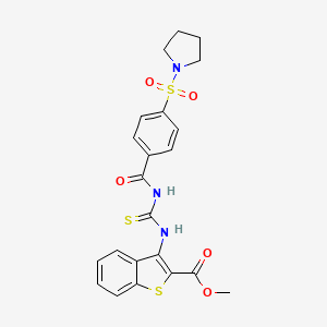 molecular formula C22H21N3O5S3 B2487586 Methyl 3-(3-(4-(pyrrolidin-1-ylsulfonyl)benzoyl)thioureido)benzo[b]thiophene-2-carboxylate CAS No. 397289-60-0