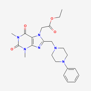 molecular formula C22H28N6O4 B2487603 Ethyl 2-[1,3-dimethyl-2,6-dioxo-8-[(4-phenylpiperazin-1-yl)methyl]purin-7-yl]acetate CAS No. 851940-55-1