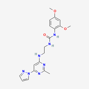 molecular formula C19H23N7O3 B2487639 1-(2,4-dimethoxyphenyl)-3-(2-((2-methyl-6-(1H-pyrazol-1-yl)pyrimidin-4-yl)amino)ethyl)urea CAS No. 1171165-76-6