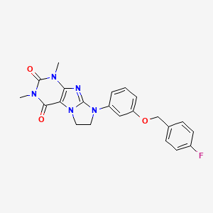 molecular formula C22H20FN5O3 B2487640 8-{3-[(4-Fluorophenyl)methoxy]phenyl}-1,3-dimethyl-1,3,5-trihydroimidazolidino [1,2-h]purine-2,4-dione CAS No. 1021065-36-0