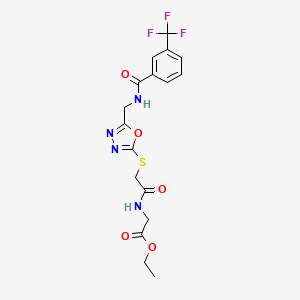 molecular formula C17H17F3N4O5S B2487708 Ethyl 2-(2-((5-((3-(trifluoromethyl)benzamido)methyl)-1,3,4-oxadiazol-2-yl)thio)acetamido)acetate CAS No. 903313-69-9