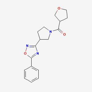 molecular formula C17H19N3O3 B2487710 (3-(5-Phenyl-1,2,4-oxadiazol-3-yl)pyrrolidin-1-yl)(tetrahydrofuran-3-yl)methanone CAS No. 2034602-61-2