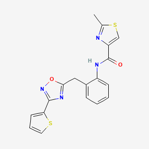molecular formula C18H14N4O2S2 B2487808 2-甲基-N-(2-((3-(噻吩-2-基)-1,2,4-噁唑-5-基)甲基)苯基)噻唑-4-羧酰胺 CAS No. 1797139-83-3