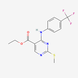molecular formula C15H14F3N3O2S B2487809 乙基-2-(甲硫基)-4-[4-(三氟甲基)苯胺基]-5-嘧啶基甲酸甲酯 CAS No. 339019-43-1