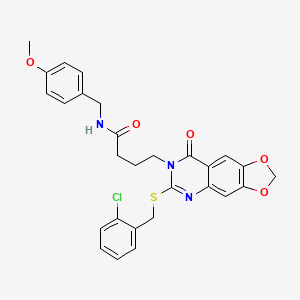 molecular formula C28H26ClN3O5S B2487811 4-[6-[(2-chlorophenyl)methylsulfanyl]-8-oxo-[1,3]dioxolo[4,5-g]quinazolin-7-yl]-N-[(4-methoxyphenyl)methyl]butanamide CAS No. 688059-94-1