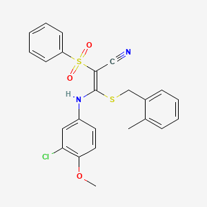 molecular formula C24H21ClN2O3S2 B2487889 (E)-3-((3-chloro-4-methoxyphenyl)amino)-3-((2-methylbenzyl)thio)-2-(phenylsulfonyl)acrylonitrile CAS No. 866348-30-3