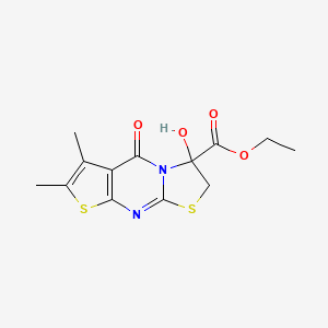 molecular formula C13H14N2O4S2 B2487935 乙酸-3-羟基-6,7-二甲基-5-氧代-4-羟基-2H-1,3-噻唑烷并[3,2-a]噻吩[2,3-d]嘧啶-3-羧酯 CAS No. 446278-65-5