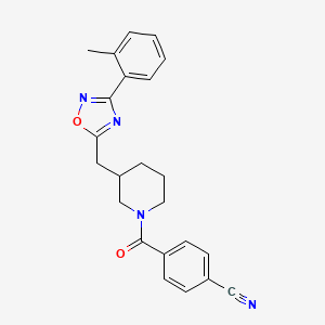 molecular formula C23H22N4O2 B2487959 4-(3-((3-(o-Tolyl)-1,2,4-oxadiazol-5-yl)methyl)piperidine-1-carbonyl)benzonitrile CAS No. 1705551-53-6