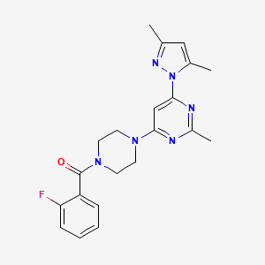 molecular formula C21H23FN6O B2487980 (4-(6-(3,5-二甲基-1H-吡唑-1-基)-2-甲基嘧啶-4-基)哌嗪-1-基)(2-氟苯基)甲酮 CAS No. 1171926-85-4