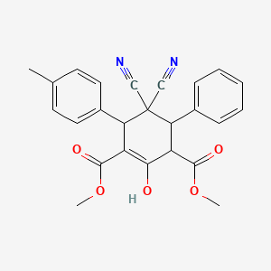 molecular formula C25H22N2O5 B2488051 Dimethyl 5,5-dicyano-2-hydroxy-6-(4-methylphenyl)-4-phenyl-1-cyclohexene-1,3-dicarboxylate CAS No. 1212208-56-4