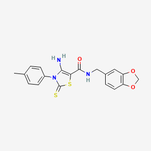 molecular formula C19H17N3O3S2 B2488086 4-氨基-N-(苯并[d][1,3]二噁杂环-5-基甲基)-2-硫代-3-(对甲苯基)-2,3-二氢噻唑-5-甲酰胺 CAS No. 946212-96-0