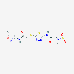 molecular formula C12H16N6O5S3 B2488097 N-(5-甲基异噁唑-3-基)-2-((5-(2-(N-甲基甲基磺酰氨基)乙酰氨基)-1,3,4-噻二唑-2-基)硫基)乙酰胺 CAS No. 1251627-45-8