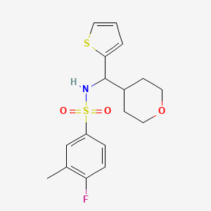 molecular formula C17H20FNO3S2 B2488212 4-fluoro-3-methyl-N-((tetrahydro-2H-pyran-4-yl)(thiophen-2-yl)methyl)benzenesulfonamide CAS No. 2309751-01-5