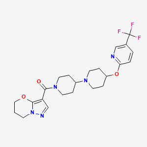 molecular formula C23H28F3N5O3 B2488286 (6,7-dihydro-5H-pyrazolo[5,1-b][1,3]oxazin-3-yl)(4-((5-(trifluoromethyl)pyridin-2-yl)oxy)-[1,4'-bipiperidin]-1'-yl)methanone CAS No. 2034525-46-5