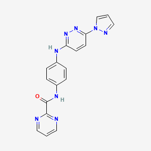 molecular formula C18H14N8O B2488374 N-(4-((6-(1H-pyrazol-1-yl)pyridazin-3-yl)amino)phenyl)pyrimidine-2-carboxamide CAS No. 1251558-49-2