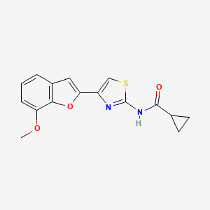 molecular formula C16H14N2O3S B2488416 N-(4-(7-methoxybenzofuran-2-yl)thiazol-2-yl)cyclopropanecarboxamide CAS No. 921869-84-3