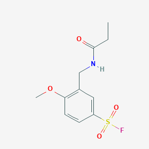 molecular formula C11H14FNO4S B2488440 4-Methoxy-3-[(propanoylamino)methyl]benzenesulfonyl fluoride CAS No. 2137815-92-8
