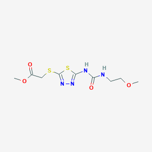 molecular formula C9H14N4O4S2 B2488470 Methyl 2-((5-(3-(2-methoxyethyl)ureido)-1,3,4-thiadiazol-2-yl)thio)acetate CAS No. 1170393-20-0
