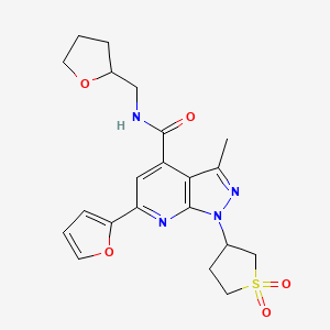 molecular formula C21H24N4O5S B2488502 1-(1,1-dioxidotetrahydrothiophen-3-yl)-6-(furan-2-yl)-3-methyl-N-((tetrahydrofuran-2-yl)methyl)-1H-pyrazolo[3,4-b]pyridine-4-carboxamide CAS No. 1021215-60-0