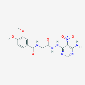 molecular formula C15H17N7O6 B2488514 N-(2-(2-(6-amino-5-nitropyrimidin-4-yl)hydrazinyl)-2-oxoethyl)-3,4-dimethoxybenzamide CAS No. 450346-13-1