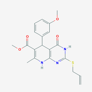 molecular formula C20H21N3O4S B2488535 甲酸 2-(丙烯硫)-5-(3-甲氧基苯基)-7-甲基-4-氧代-3,4,5,8-四氢吡啶并[2,3-d]嘧啶-6-甲酸酯 CAS No. 923768-35-8