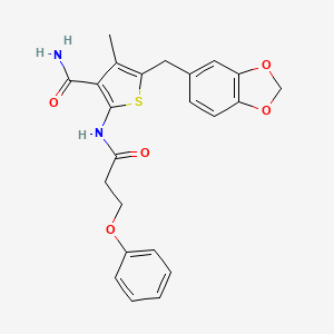 molecular formula C23H22N2O5S B2488557 5-(Benzo[d][1,3]dioxol-5-ylmethyl)-4-methyl-2-(3-phenoxypropanamido)thiophene-3-carboxamide CAS No. 476368-93-1