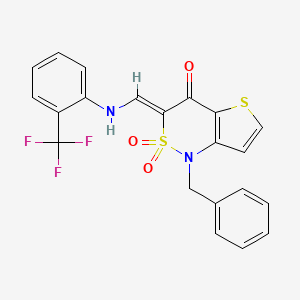 molecular formula C21H15F3N2O3S2 B2488569 (3Z)-1-benzyl-3-({[2-(trifluoromethyl)phenyl]amino}methylene)-1H-thieno[3,2-c][1,2]thiazin-4(3H)-one 2,2-dioxide CAS No. 894669-70-6