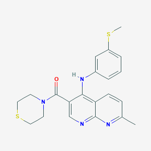molecular formula C21H22N4OS2 B2488654 (7-Methyl-4-((3-(methylthio)phenyl)amino)-1,8-naphthyridin-3-yl)(thiomorpholino)methanone CAS No. 1251564-49-4