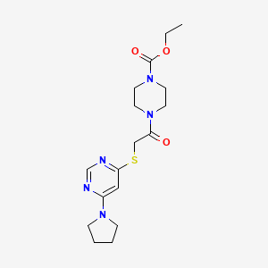 molecular formula C17H25N5O3S B2488671 Ethyl 4-(2-((6-(pyrrolidin-1-yl)pyrimidin-4-yl)thio)acetyl)piperazine-1-carboxylate CAS No. 1171158-29-4