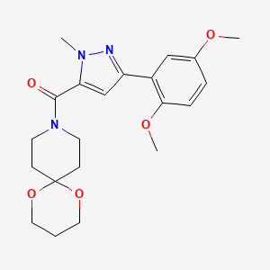 molecular formula C21H27N3O5 B2488812 (3-(2,5-dimethoxyphenyl)-1-methyl-1H-pyrazol-5-yl)(1,5-dioxa-9-azaspiro[5.5]undecan-9-yl)methanone CAS No. 1421532-70-8