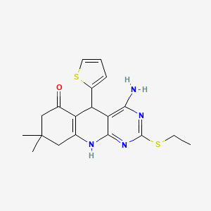 molecular formula C19H22N4OS2 B2488882 4-amino-2-(ethylsulfanyl)-8,8-dimethyl-5-(thiophen-2-yl)-5,8,9,10-tetrahydropyrimido[4,5-b]quinolin-6(7H)-one CAS No. 877819-00-6