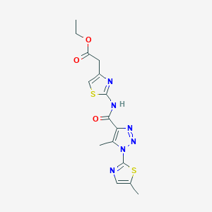 molecular formula C15H16N6O3S2 B2488929 乙酸-2-(2-(5-甲基-1-(5-甲基噻唑-2-基)-1H-1,2,3-三氮唑-4-羧酰胺基)噻嘧-4-基)乙酸酯 CAS No. 1251612-94-8