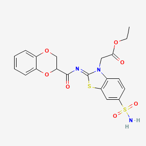 molecular formula C20H19N3O7S2 B2488988 (Z)-ethyl 2-(2-((2,3-dihydrobenzo[b][1,4]dioxine-2-carbonyl)imino)-6-sulfamoylbenzo[d]thiazol-3(2H)-yl)acetate CAS No. 1164524-49-5