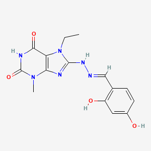 molecular formula C15H16N6O4 B2488996 (E)-8-(2-(2,4-dihydroxybenzylidene)hydrazinyl)-7-ethyl-3-methyl-1H-purine-2,6(3H,7H)-dione CAS No. 682776-30-3