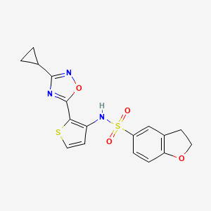 molecular formula C17H15N3O4S2 B2489020 N-(2-(3-cyclopropyl-1,2,4-oxadiazol-5-yl)thiophen-3-yl)-2,3-dihydrobenzofuran-5-sulfonamide CAS No. 1705857-82-4