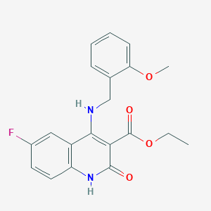 molecular formula C20H19FN2O4 B2489059 Ethyl 6-fluoro-4-((2-methoxybenzyl)amino)-2-oxo-1,2-dihydroquinoline-3-carboxylate CAS No. 1251616-90-6