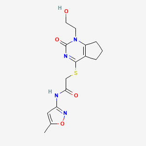 molecular formula C15H18N4O4S B2489067 2-((1-(2-hydroxyethyl)-2-oxo-2,5,6,7-tetrahydro-1H-cyclopenta[d]pyrimidin-4-yl)thio)-N-(5-methylisoxazol-3-yl)acetamide CAS No. 920232-91-3