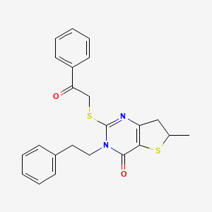 molecular formula C23H22N2O2S2 B2489111 6-甲基-2-((2-氧代-2-苯乙基)硫)-3-苯乙基-6,7-二氢噻吩并[3,2-d]嘧啶-4(3H)-酮 CAS No. 862825-21-6