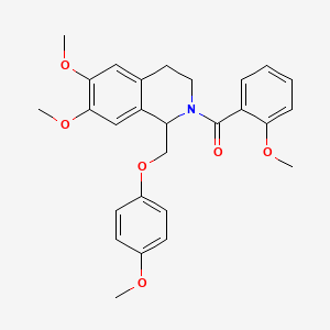 molecular formula C27H29NO6 B2489151 (6,7-dimethoxy-1-((4-methoxyphenoxy)methyl)-3,4-dihydroisoquinolin-2(1H)-yl)(2-methoxyphenyl)methanone CAS No. 486427-15-0