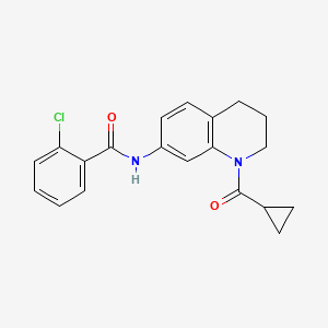 molecular formula C20H19ClN2O2 B2489226 2-chloro-N-[1-(cyclopropanecarbonyl)-3,4-dihydro-2H-quinolin-7-yl]benzamide CAS No. 898439-13-9