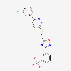 molecular formula C20H12ClF3N4OS B2489312 3-(3-Chlorophenyl)-6-[({3-[3-(trifluoromethyl)phenyl]-1,2,4-oxadiazol-5-yl}methyl)sulfanyl]pyridazine CAS No. 1114909-48-6