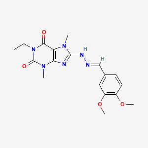 molecular formula C18H22N6O4 B2489318 (E)-8-(2-(3,4-dimethoxybenzylidene)hydrazinyl)-1-ethyl-3,7-dimethyl-1H-purine-2,6(3H,7H)-dione CAS No. 1203431-88-2